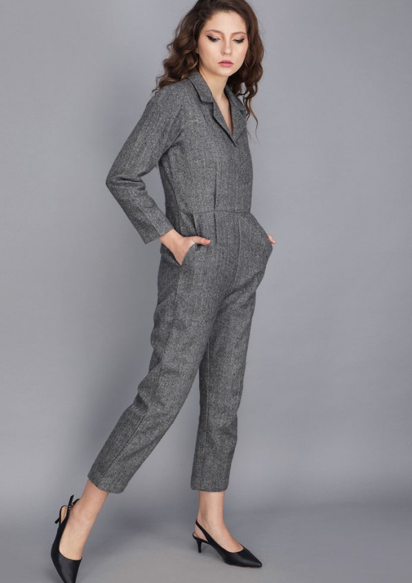 TWEED NOTCHED COLLAR JUMPSUIT