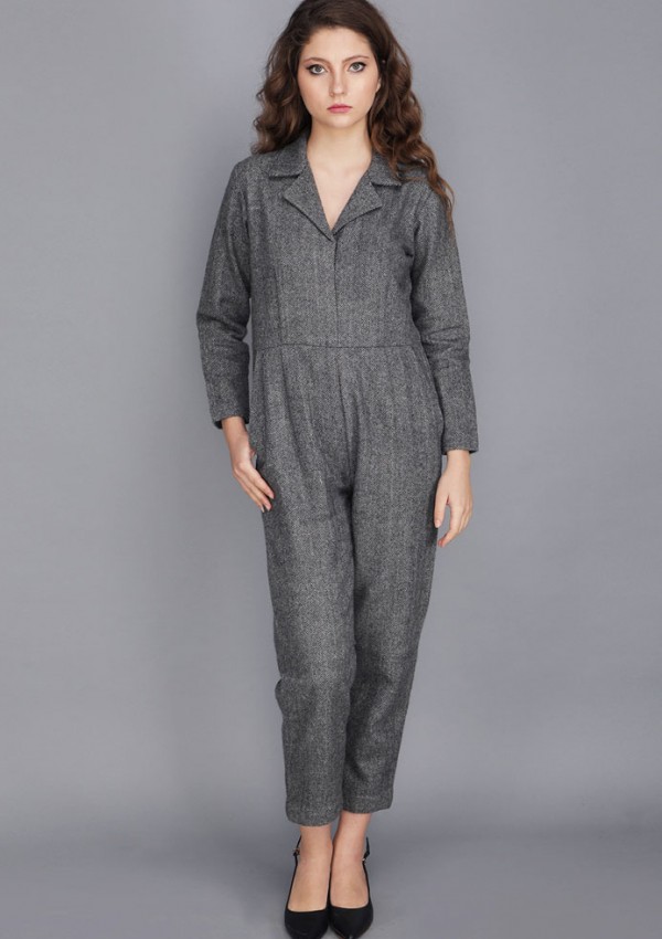 TWEED NOTCHED COLLAR JUMPSUIT