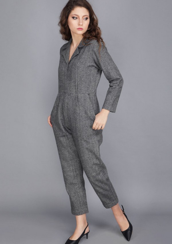 TWEED NOTCHED COLLAR JUMPSUIT