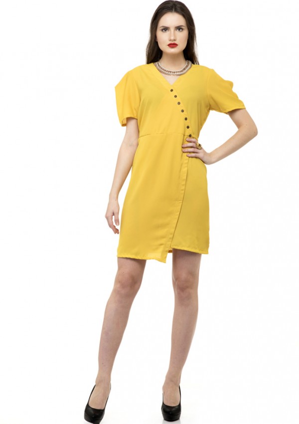 Yellow wrap folded dress with buttons