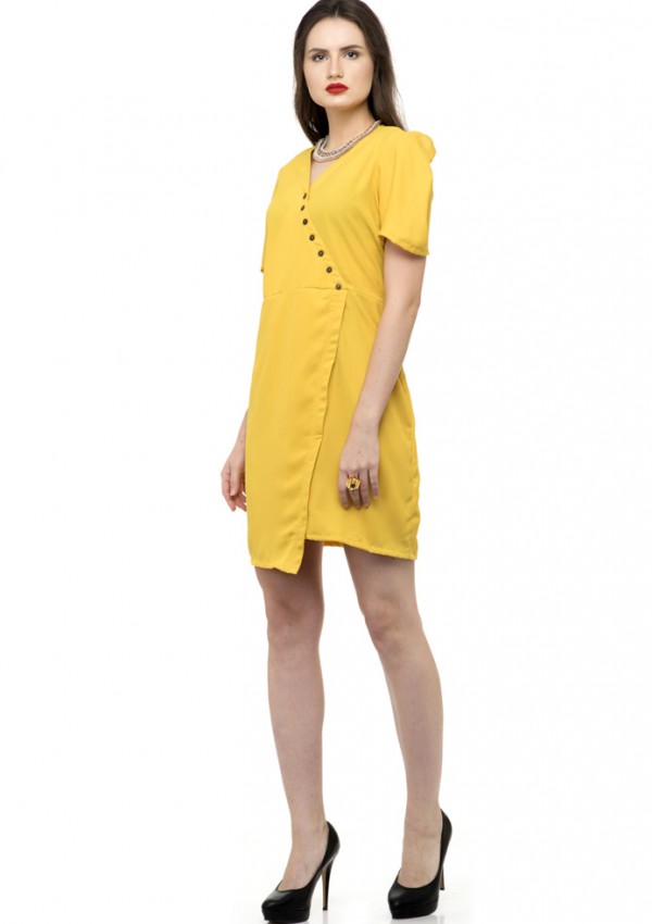Yellow wrap folded dress with buttons