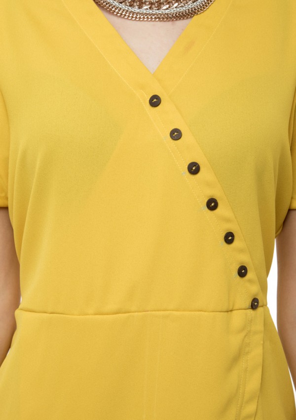 Yellow wrap folded dress with buttons