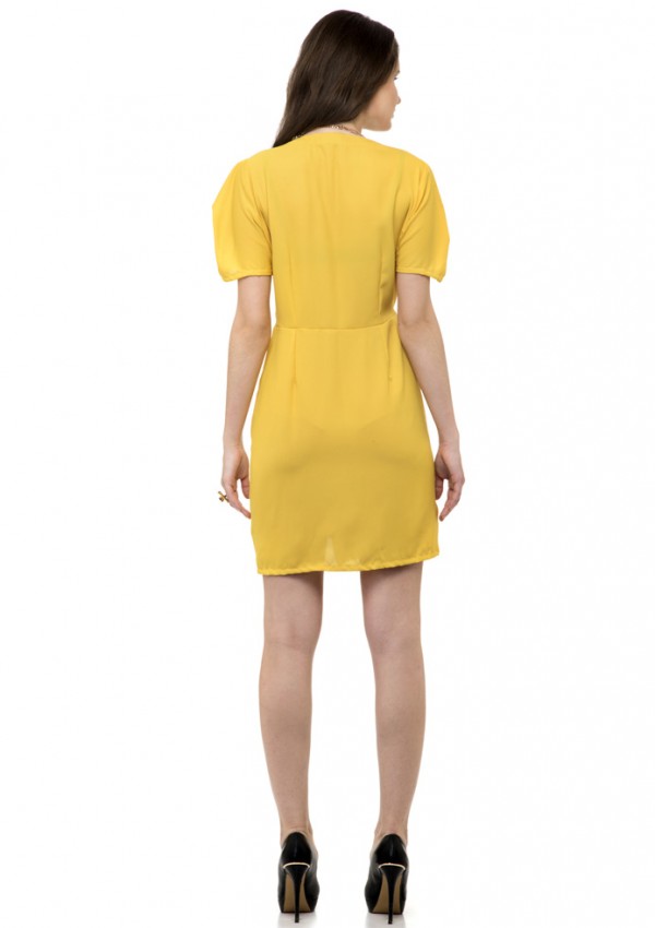 Yellow wrap folded dress with buttons