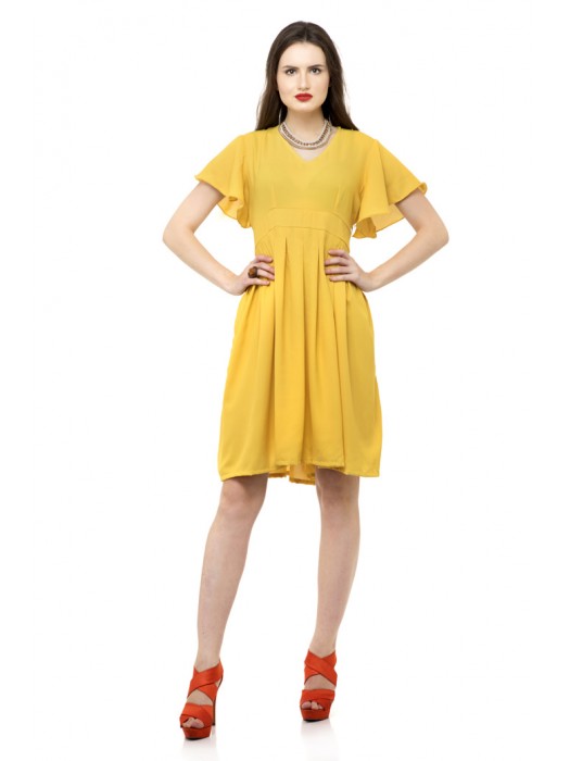 Yellow ruffle sleeve one piece dress with ruffle hem