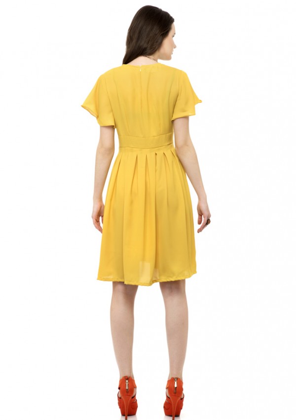 Yellow ruffle sleeve one piece dress with ruffle hem