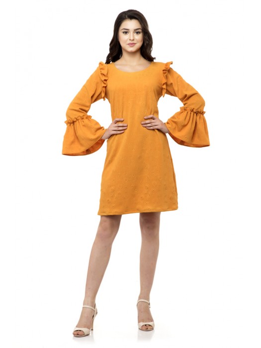 Orange ruffle sleeve one piece dress with ruffle hem