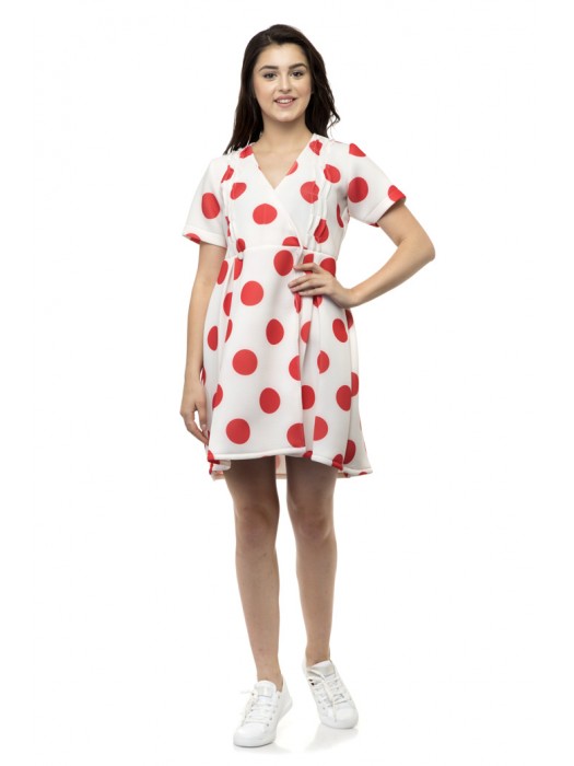 Red polka half sleeves white dress