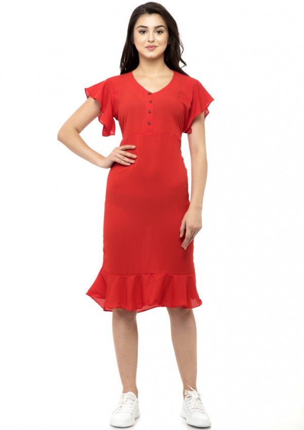 Red flared ruffle sleeves dress