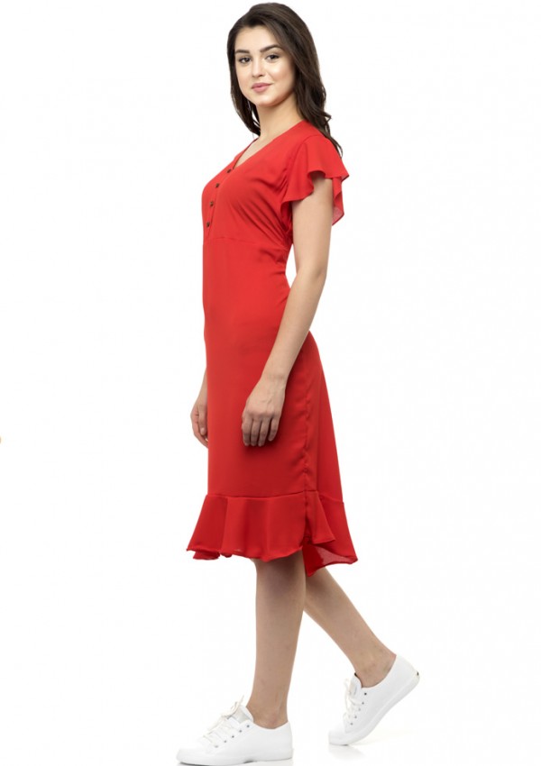 Red flared ruffle sleeves dress
