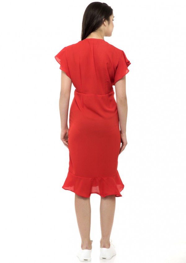 Red flared ruffle sleeves dress