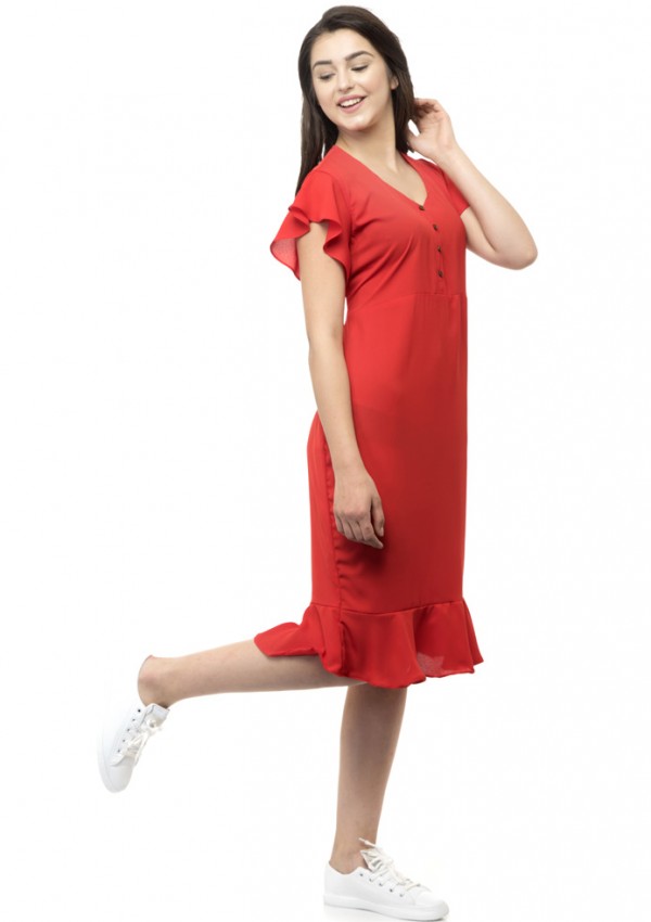 Red flared ruffle sleeves dress