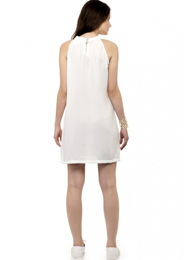 High neck sleeveless white pencil dress