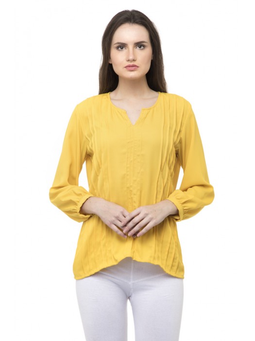 Notched neck waffle knit yellow top