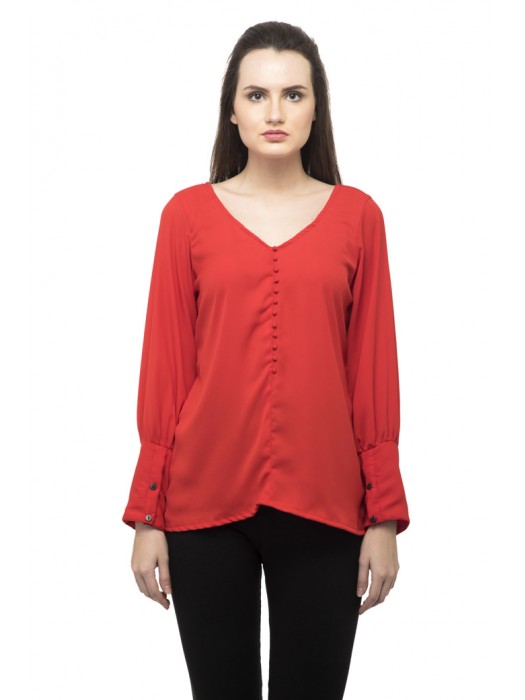 V neck front button red top