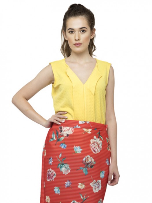 Flared vertical belt design sleeveless yellow top