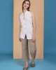 Micro pintucks stand collar sleeveless top with handcrafted buttons Made in cotton poplin