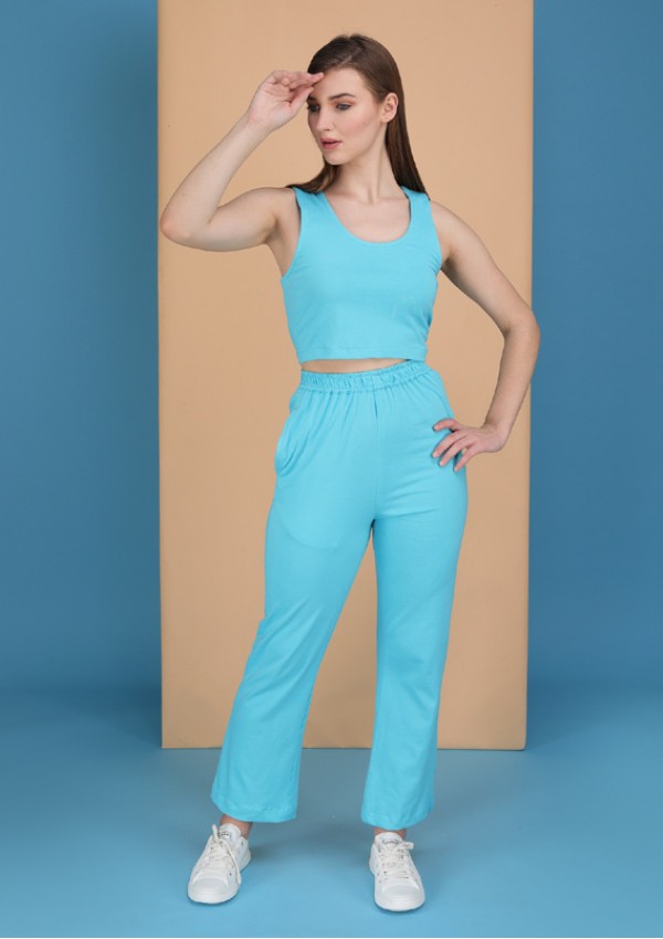powder blue track pants with tank top made in cotton spandex