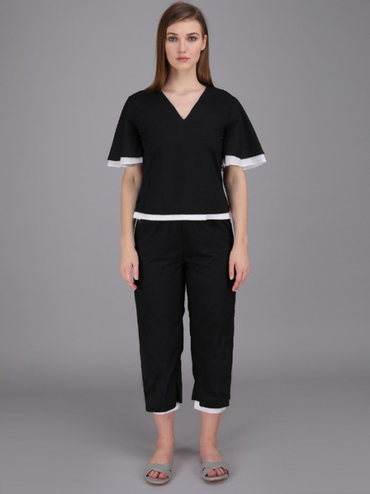 v-neck black and white coord set made in cotton