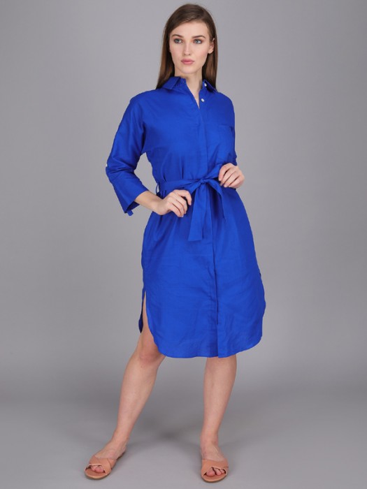Button down indigo blue shirt dress made in cotton poplin