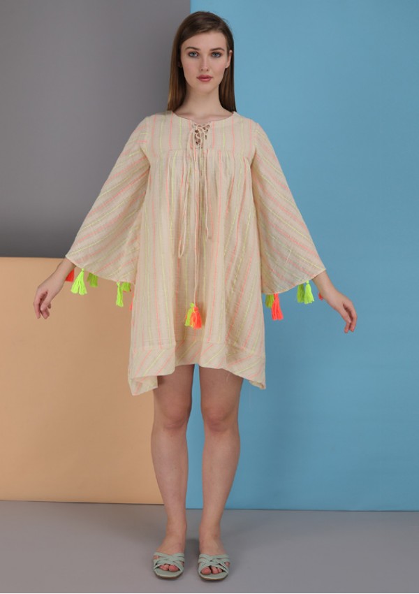 neon stripe tie up dress. made in natural fibre