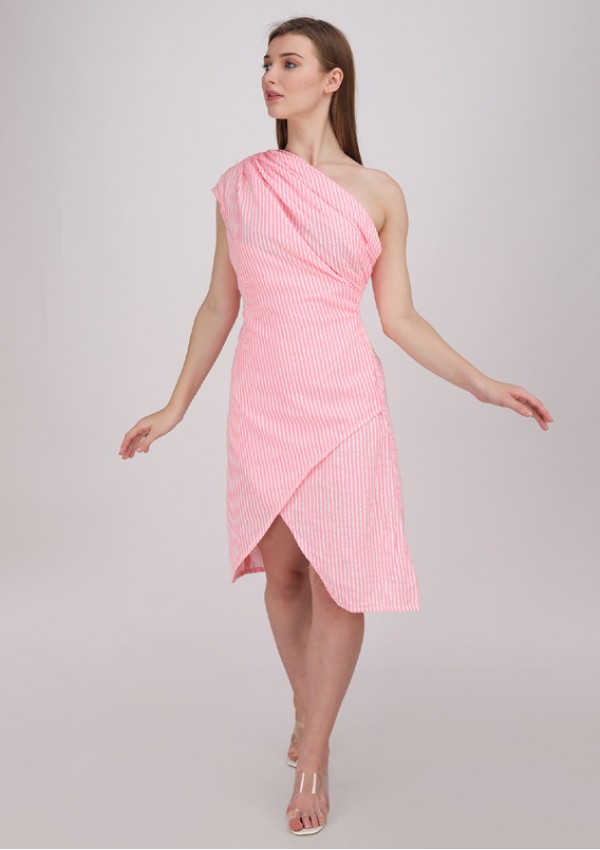 One shoulder neon pink dress