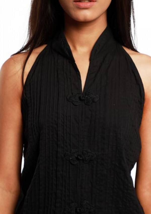 MICRO PLEATED SLEEVELESS HIGH RISE COLLAR COTTON SHIRT