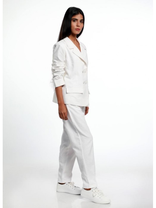IVORY RUCHED SLEEVE LINEN BLAZER WITH LINEN PANTS