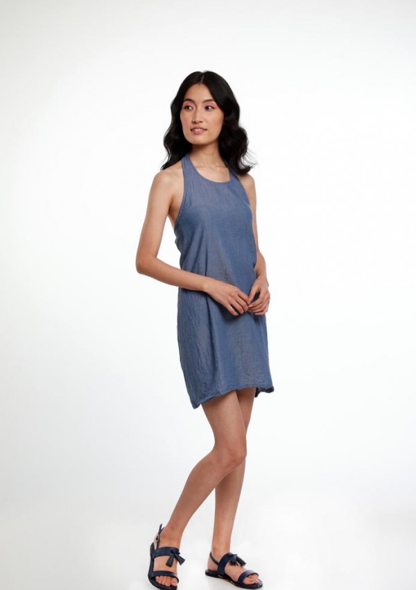 HALTER NECK, COTTON CHAMBRAY SLIP DRESS