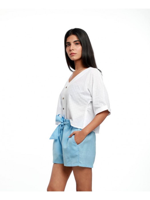 V NECK TEXTURED COTTON TOP WITH ELASTICATED SHORTS