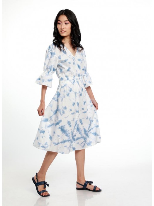 TIE & DYE BUTTON DOWN DRESS WITH ELASTICATED BELL SLEEVES