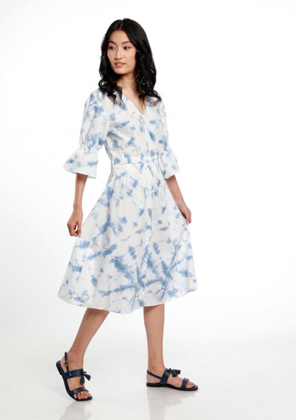 TIE & DYE BUTTON DOWN DRESS WITH ELASTICATED BELL SLEEVES