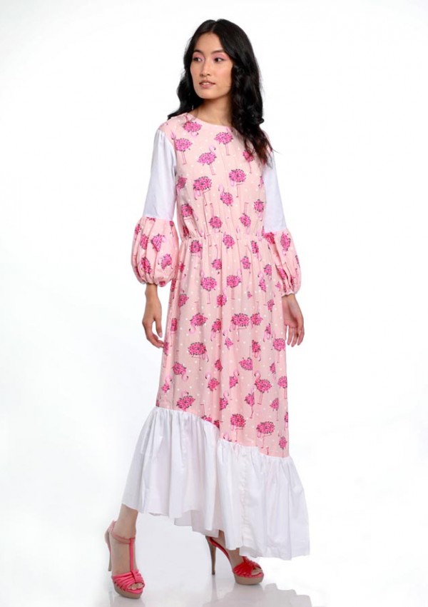FLAMINGO PRINT TIER WHITE PANEL DRESS