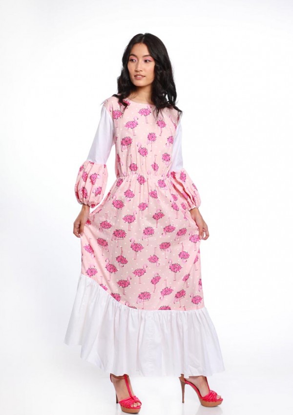 FLAMINGO PRINT TIER WHITE PANEL DRESS