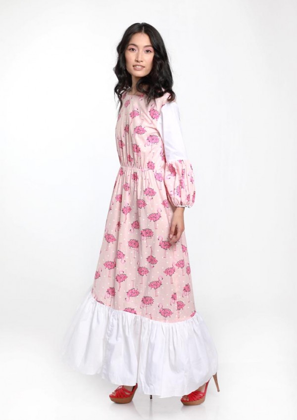 FLAMINGO PRINT TIER WHITE PANEL DRESS