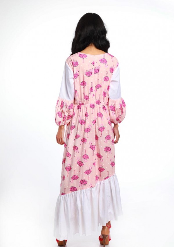 FLAMINGO PRINT TIER WHITE PANEL DRESS